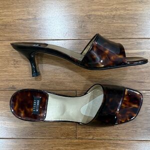 Stuart Weitzman tortoise patent leather kitten heel sandals